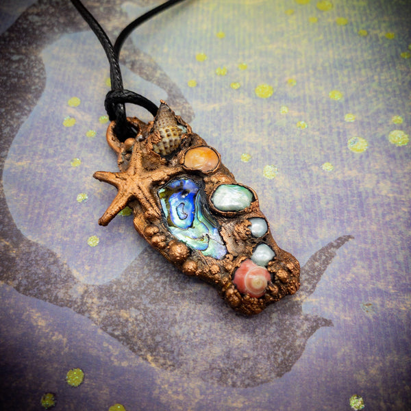Electroformed Abalone Shell Freshwater Pearl with Real Seashells and Starfish,  Handmade Copper Jewelry, OOAK Elegant Art Jewelry