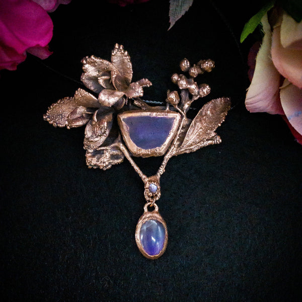 Electroformed Amethyst Agate Pendant Statement Necklace with Real Botanical in Copper, OOAK Elegant Art Jewelry