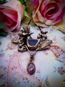 Electroformed Amethyst Agate Pendant Statement Necklace with Real Botanical in Copper, OOAK Elegant Art Jewelry