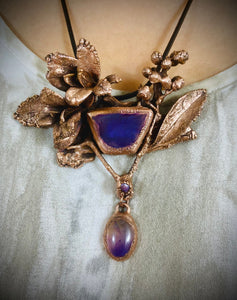 Electroformed Amethyst Agate Pendant Statement Necklace with Real Botanical in Copper, OOAK Elegant Art Jewelry