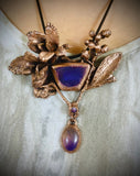 Electroformed Amethyst Agate Pendant Statement Necklace with Real Botanical in Copper, OOAK Elegant Art Jewelry