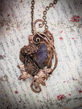 Copper Electroformed Amethyst Pendant with Statement Necklace with Real Mums, OOAK Elegant Art Jewelry