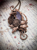 Copper Electroformed Amethyst Pendant with Statement Necklace with Real Mums, OOAK Elegant Art Jewelry