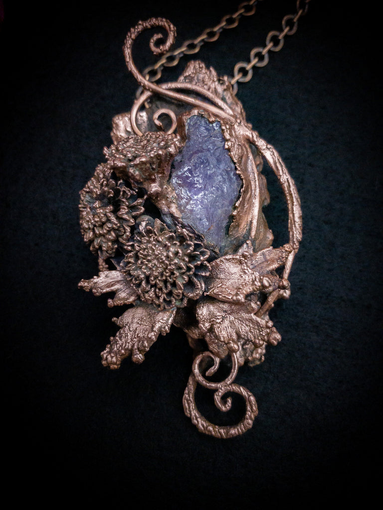 Copper Electroformed Amethyst Pendant with Statement Necklace with Real Mums, OOAK Elegant Art Jewelry