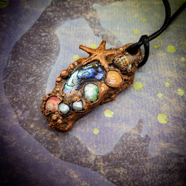 Electroformed Abalone Shell Freshwater Pearl with Real Seashells and Starfish,  Handmade Copper Jewelry, OOAK Elegant Art Jewelry