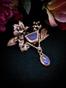 Electroformed Amethyst Agate Pendant Statement Necklace with Real Botanical in Copper, OOAK Elegant Art Jewelry