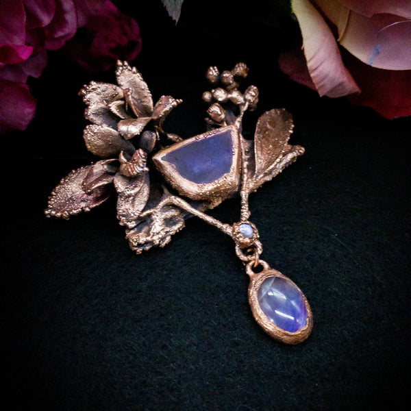 Electroformed Amethyst Agate Pendant Statement Necklace with Real Botanical in Copper, OOAK Elegant Art Jewelry
