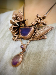 Electroformed Amethyst Agate Pendant Statement Necklace with Real Botanical in Copper, OOAK Elegant Art Jewelry