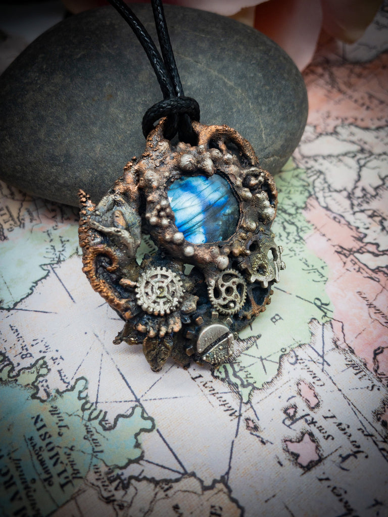 Steampunk Electroformed Pendant, Labradorite, Mixed Metal Copper with Silver Accents,  Gears, Shipwreck Grunge Relic, OOAK