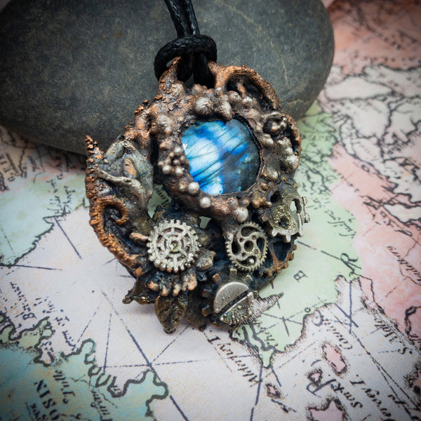 Steampunk Electroformed Pendant, Labradorite, Mixed Metal Copper with Silver Accents,  Gears, Shipwreck Grunge Relic, OOAK