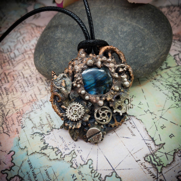 Steampunk Electroformed Pendant, Labradorite, Mixed Metal Copper with Silver Accents,  Gears, Shipwreck Grunge Relic, OOAK