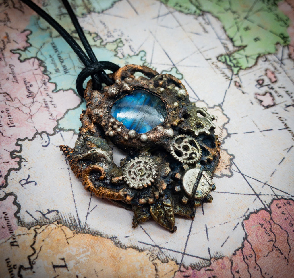 Steampunk Electroformed Pendant, Labradorite, Mixed Metal Copper with Silver Accents,  Gears, Shipwreck Grunge Relic, OOAK