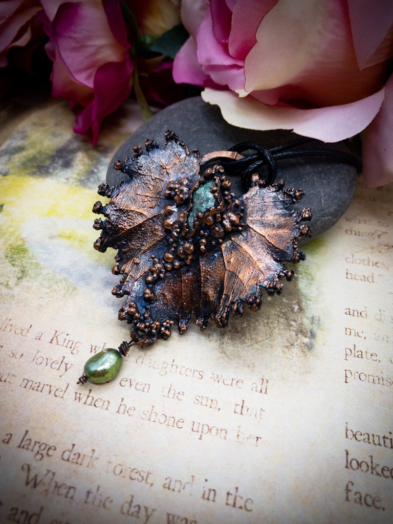 Electroformed Real Leaf Pendant with Apatite and Freshwater Pearl, Botanical Jewelry in Copper, OOAK Elegant Art Jewelry