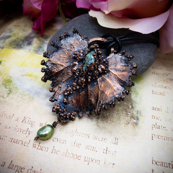 Electroformed Real Leaf Pendant with Apatite and Freshwater Pearl, Botanical Jewelry in Copper, OOAK Elegant Art Jewelry