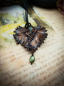 Electroformed Real Leaf Pendant with Apatite and Freshwater Pearl, Botanical Jewelry in Copper, OOAK Elegant Art Jewelry