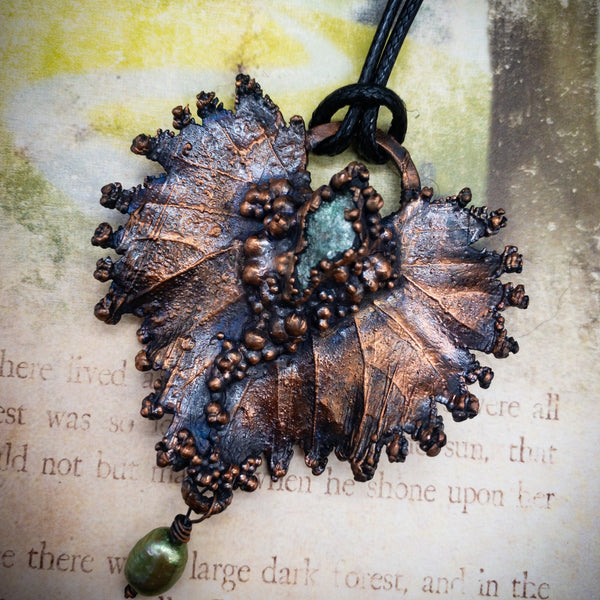 Electroformed Real Leaf Pendant with Apatite and Freshwater Pearl, Botanical Jewelry in Copper, OOAK Elegant Art Jewelry