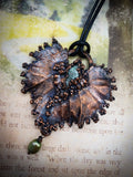 Electroformed Real Leaf Pendant with Apatite and Freshwater Pearl, Botanical Jewelry in Copper, OOAK Elegant Art Jewelry
