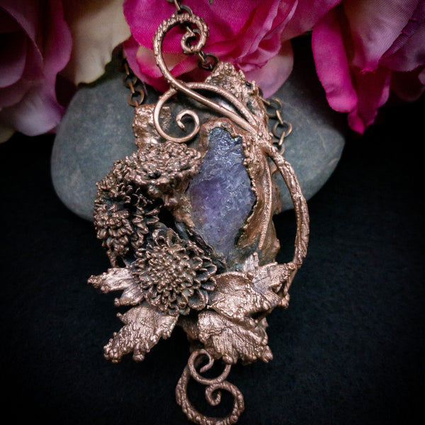 Copper Electroformed Amethyst Pendant with Statement Necklace with Real Mums, OOAK Elegant Art Jewelry