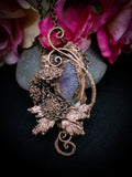 Copper Electroformed Amethyst Pendant with Statement Necklace with Real Mums, OOAK Elegant Art Jewelry