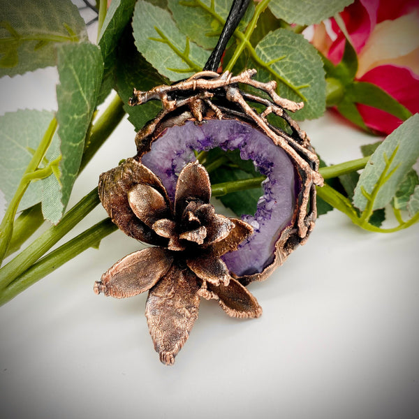Copper Electroformed Window Drusy Agate Slice Pendant with Real Botanicals, OOAK Unique Elegant Art Jewelry