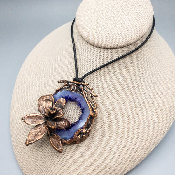 Copper Electroformed Window Drusy Agate Slice Pendant with Real Botanicals, OOAK Unique Elegant Art Jewelry